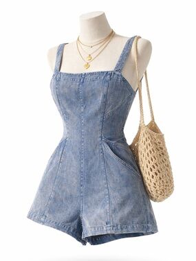Mustard Seed Lace-Up Denim Romper Y2K Cottagecore Festival